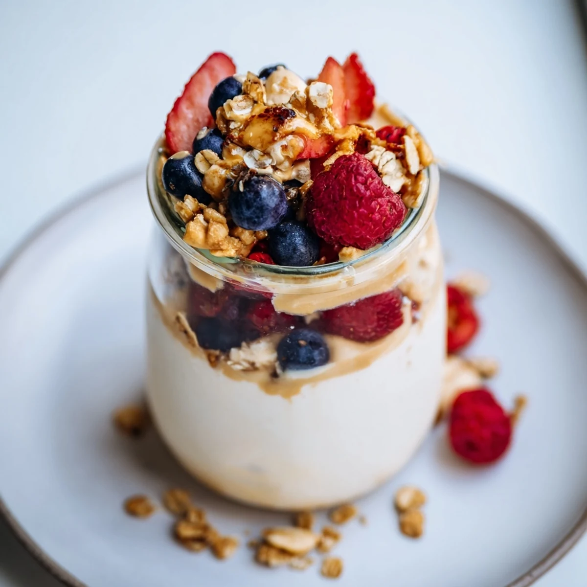 Creamy cashew butter yogurt parfait with layered berries and granola, a simple breakfast delight.