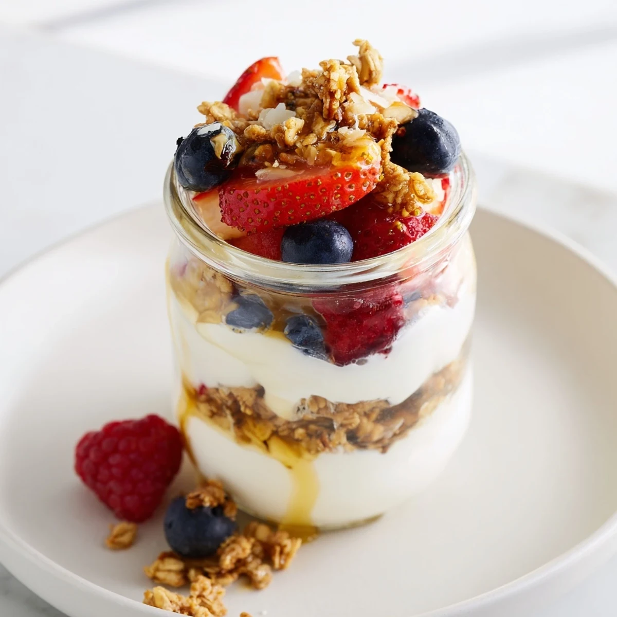 Fresh berries and crunchy granola topping a rich cashew butter yogurt parfait, ready to eat.