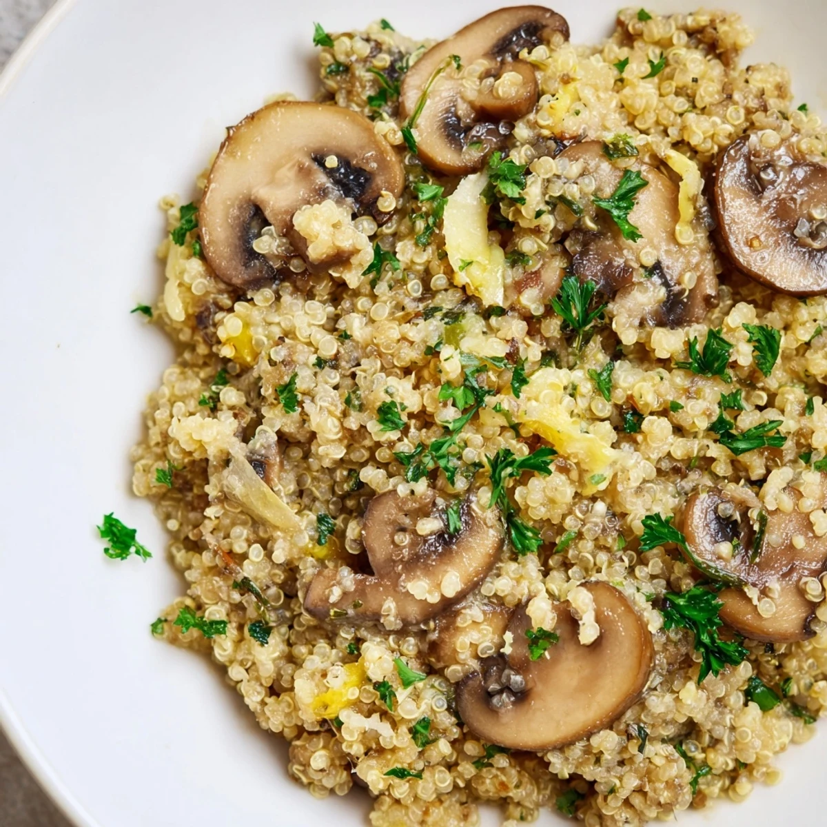 Creamy mushroom quinoa risotto with vibrant parsley garnish, ready to serve and enjoy.