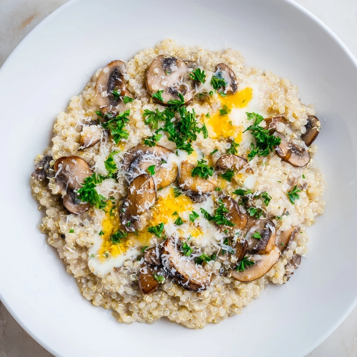 A steaming bowl of mushroom quinoa risotto, showcasing tender mushrooms and a Parmesan swirl.