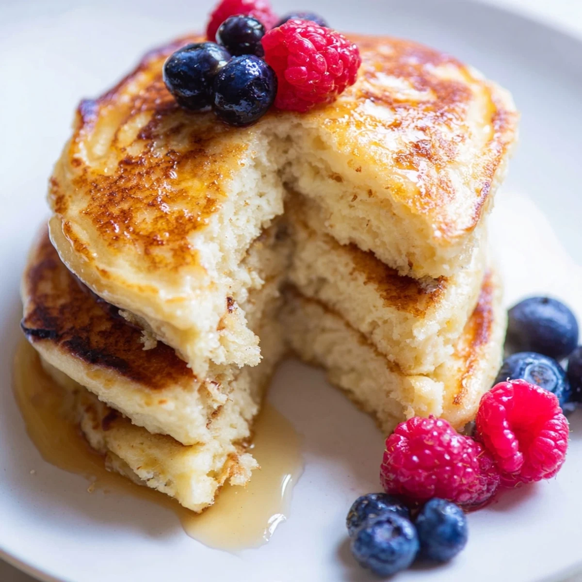 Close-up of freshly cooked Lemon Ricotta Pancakes, showing creamy texture and lemon zest details.