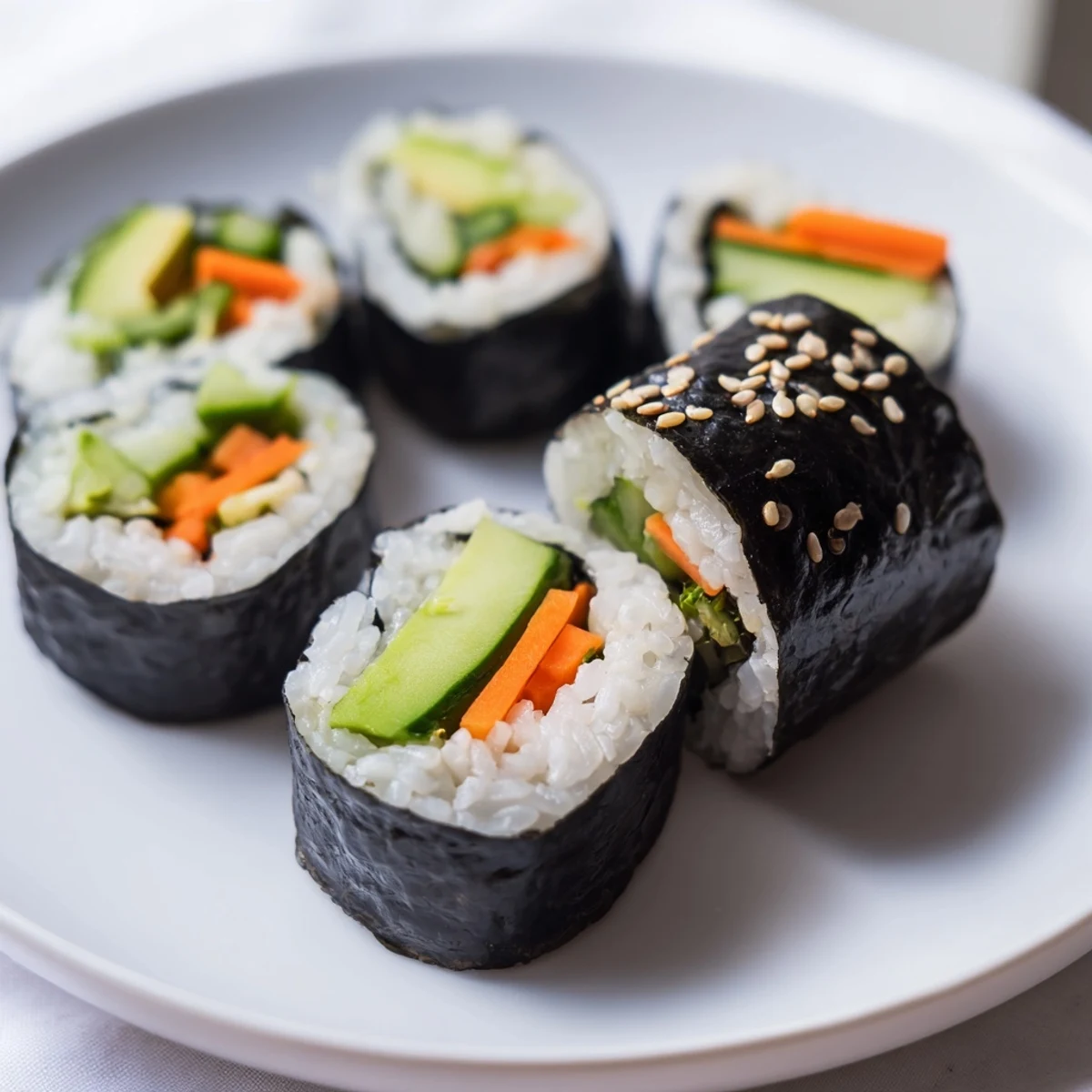 Sliced Avocado Cucumber Sushi reveals layers of creamy avocado and crisp cucumber inside.