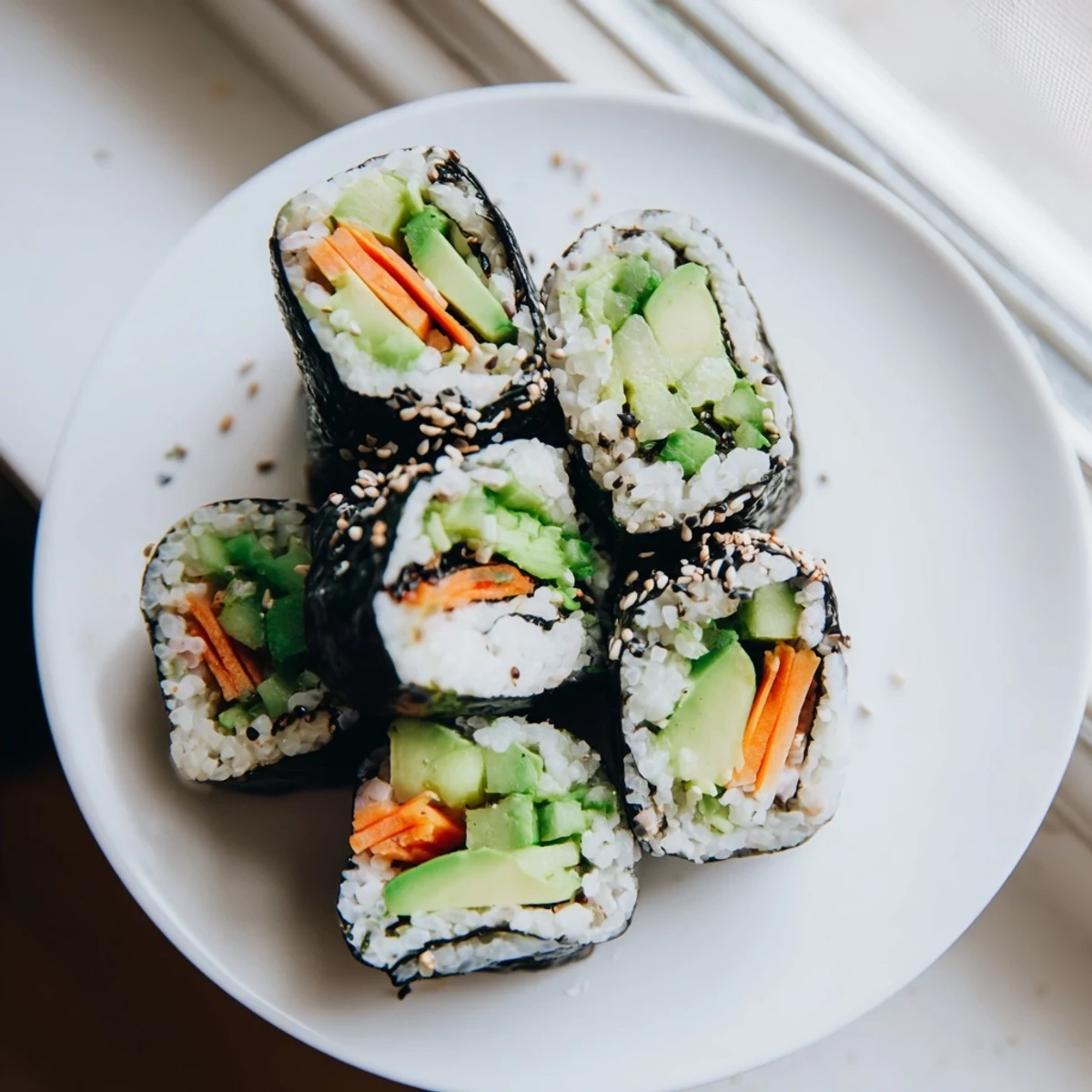 Enjoy these fresh Avocado Cucumber Sushi rolls, served with soy sauce and spicy wasabi.
