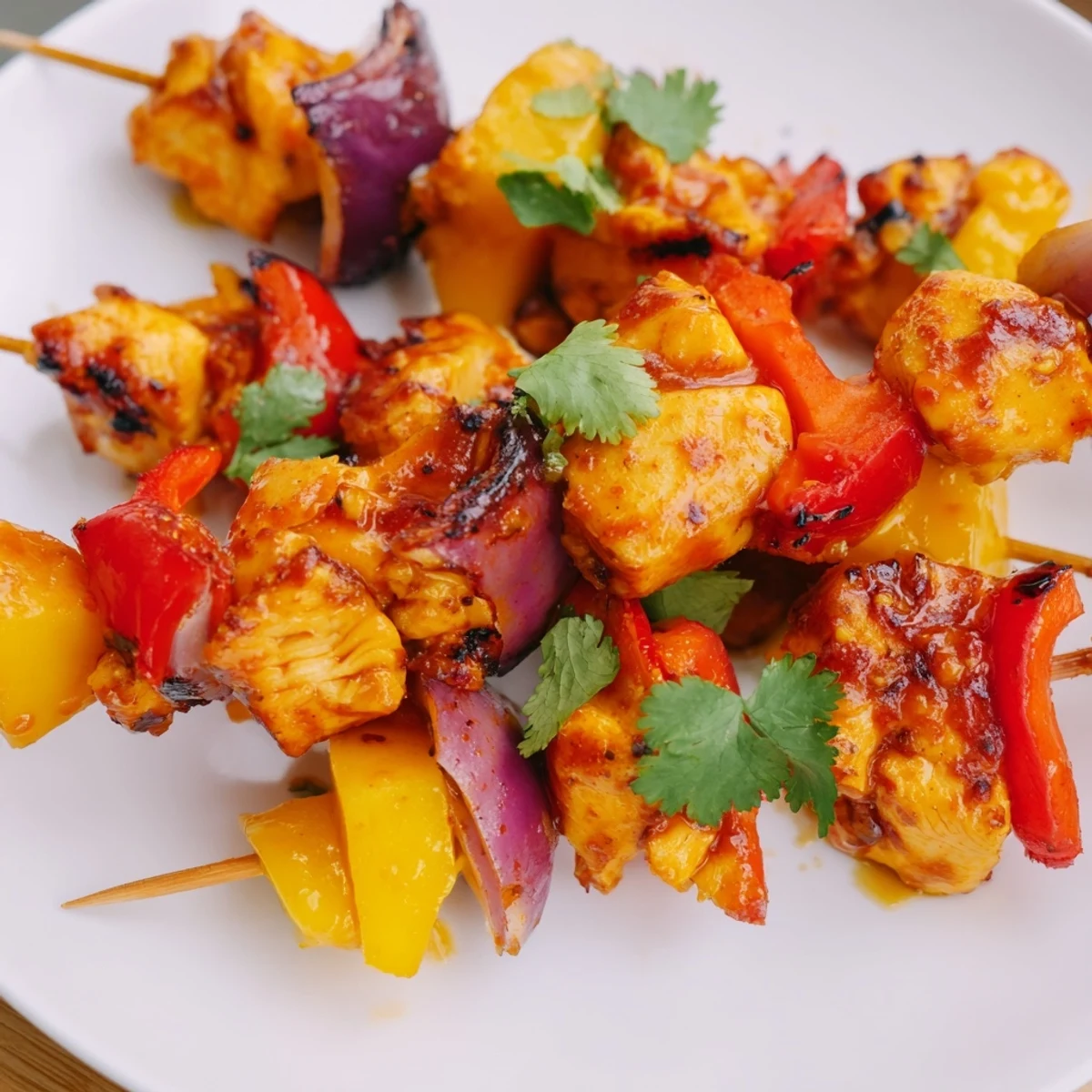 Juicy mango lime chicken skewers grilled to perfection, ready to enjoy with vibrant peppers.