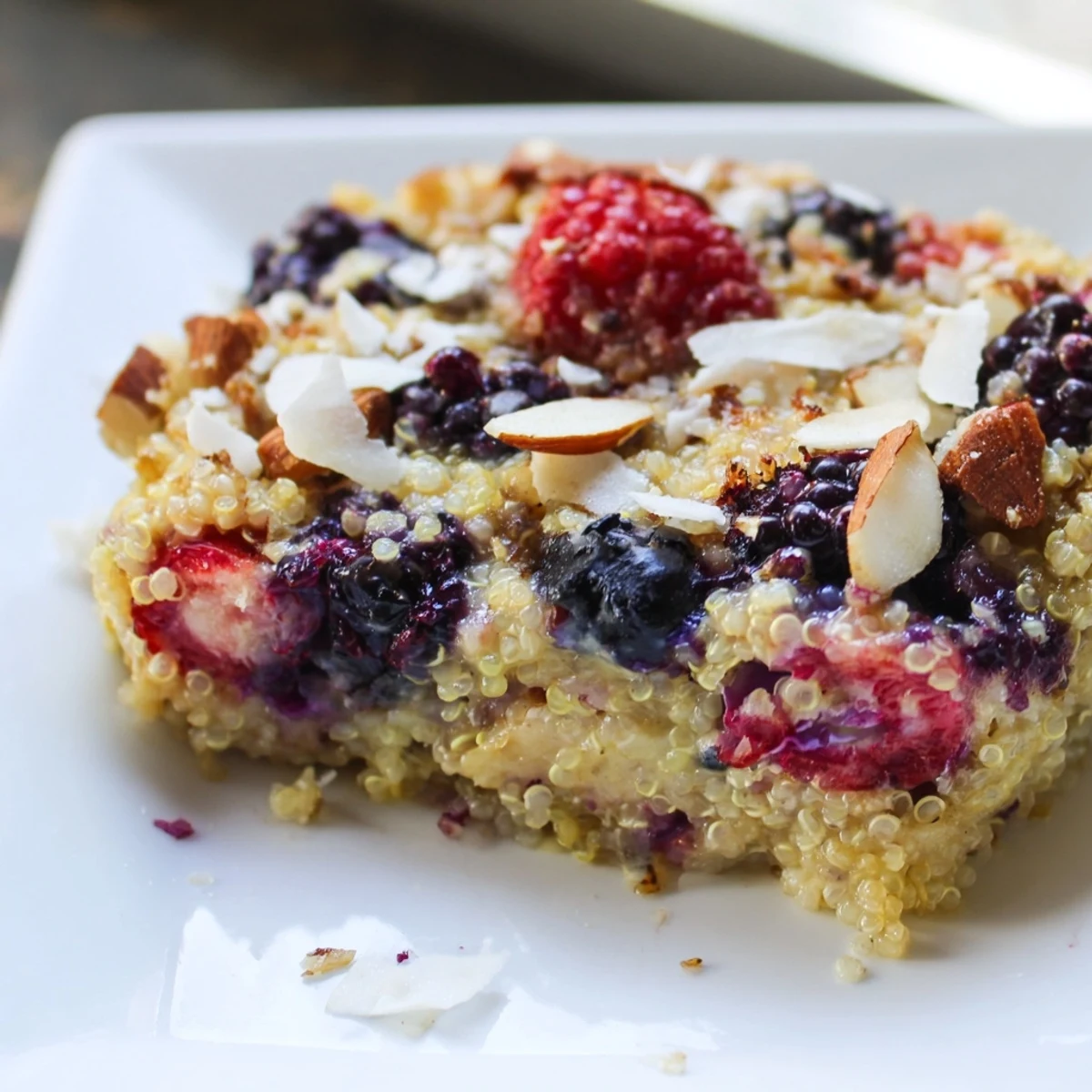 Warm, golden Berry Quinoa Breakfast Bake with plump berries, perfect for a cozy morning meal.
