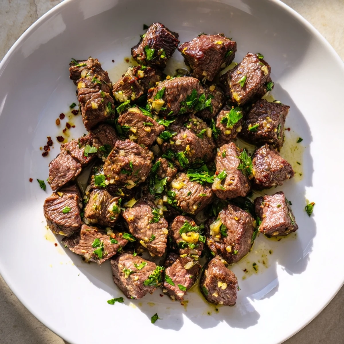 Tender Garlic Butter Steak Bites glistens in a pan, coated with a rich, flavorful garlic sauce.