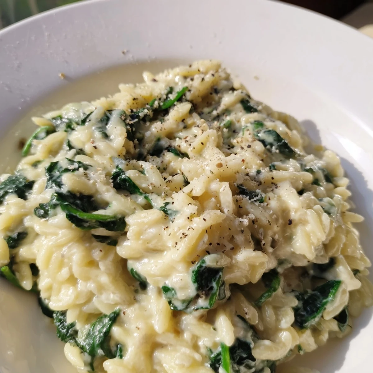 Creamy Spinach Orzo, a comforting one-pan meal with glistening Parmesan cheese and fresh spinach.