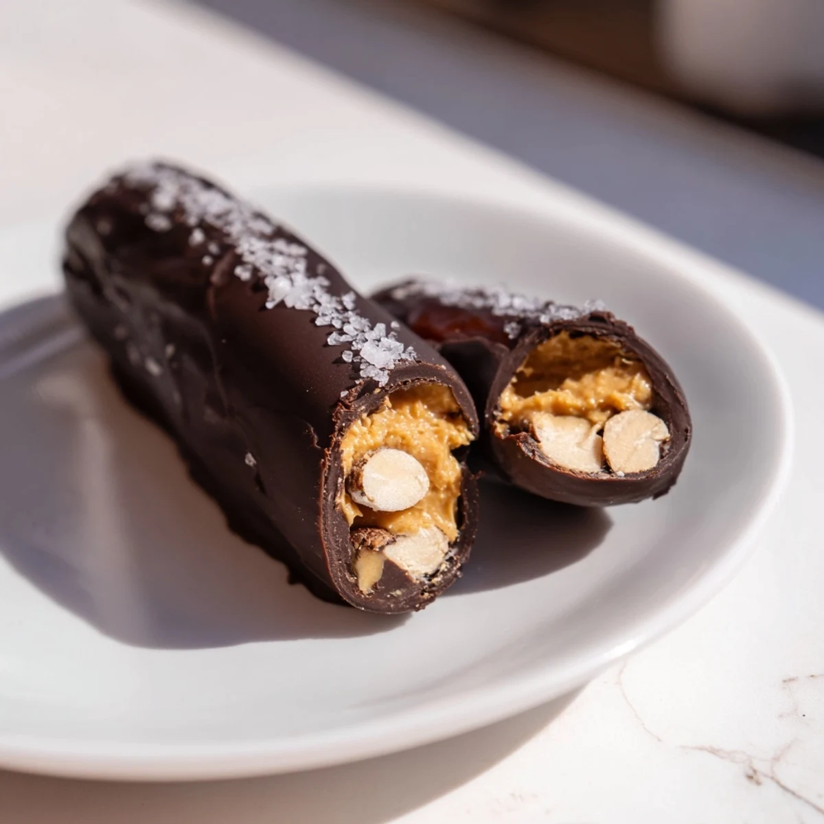 Rich dark chocolate-covered Chocolate Date Snickers, a homemade candy bar bursting with peanut butter filling.