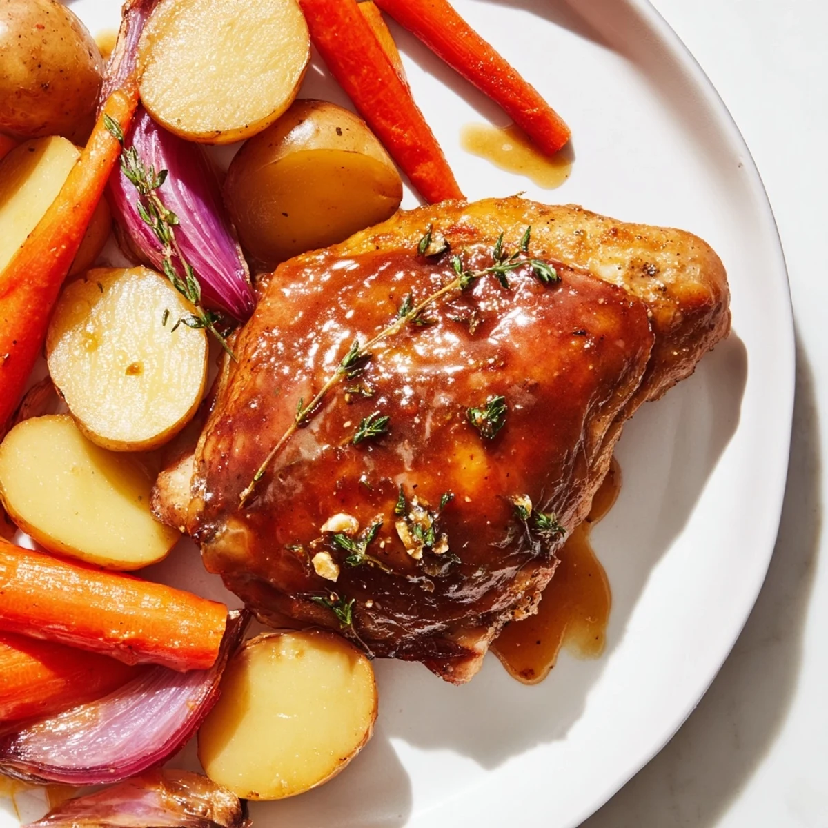 Golden, blistered Maple Dijon Chicken Thighs with roasted vegetables, perfect for a flavorful weeknight meal.