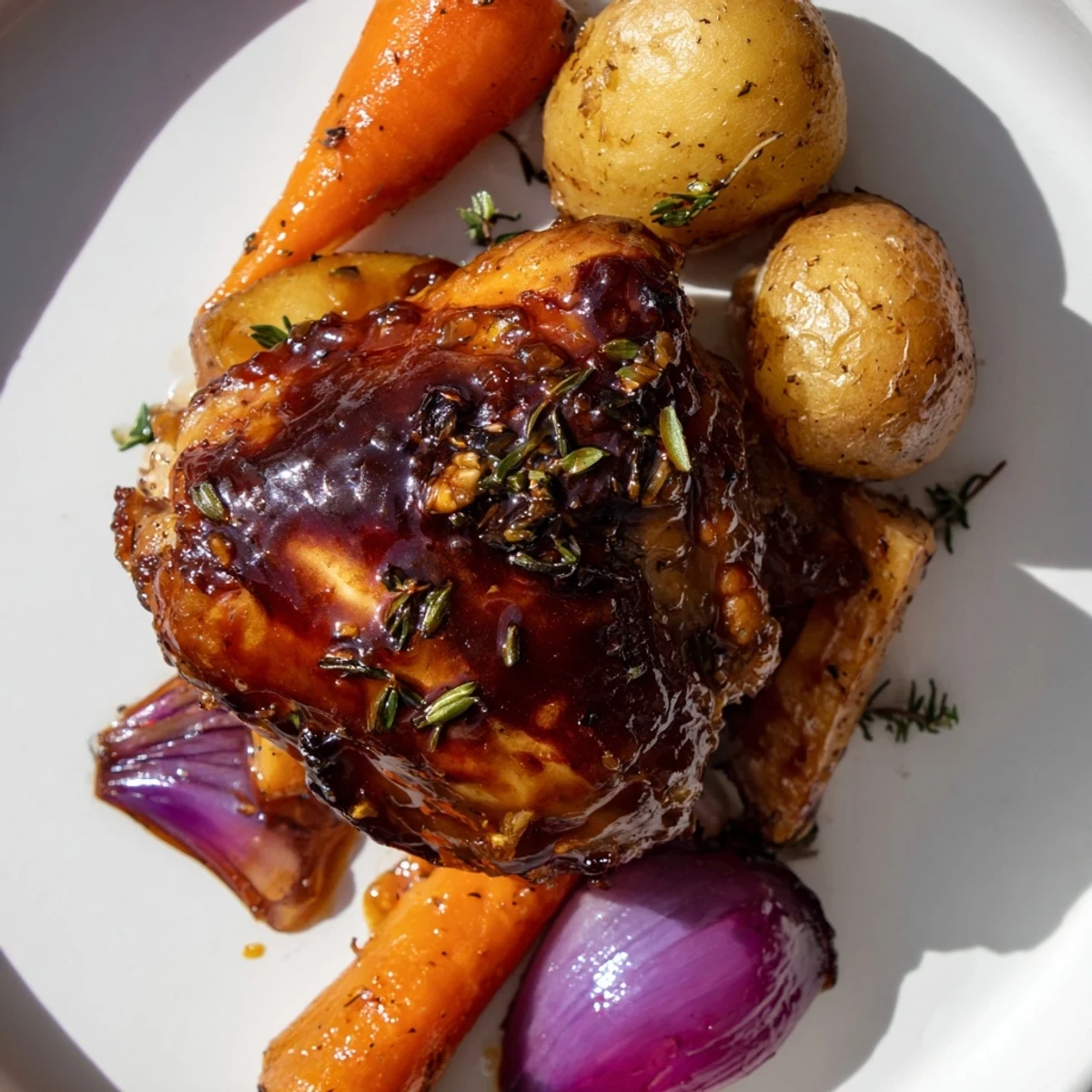 Tender Maple Dijon Chicken Thighs, glazed with a sweet and tangy sauce, served with carrots and potatoes.