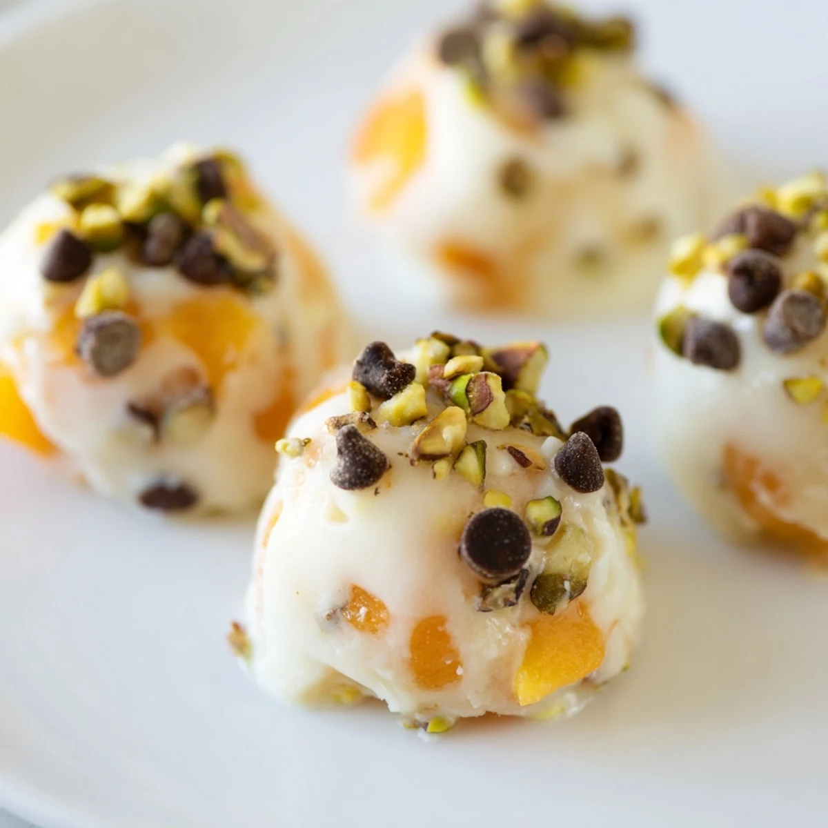 Frozen peach yogurt bites, creamy and speckled with peach pieces, ready to freeze for a cool treat.