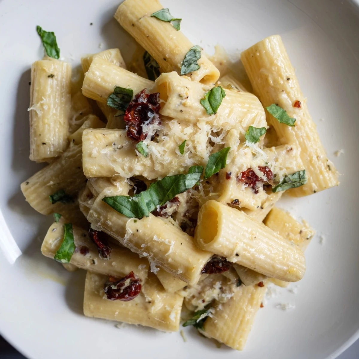 Golden penne pasta coated in a luxurious, creamy sun-dried tomato sauce, ready to serve and savor.