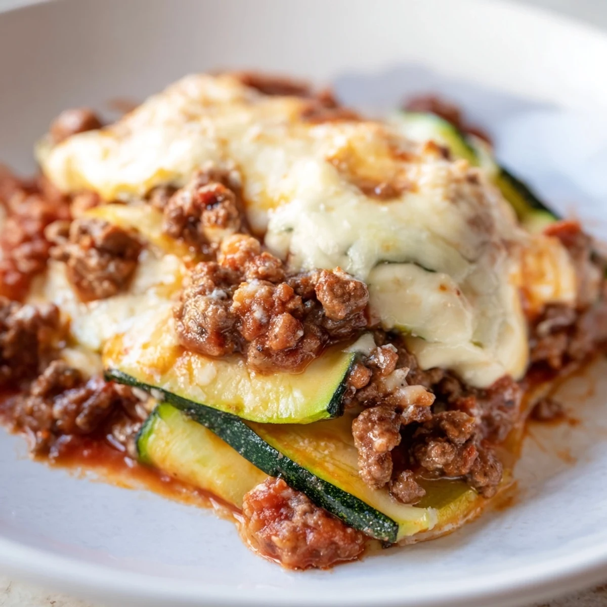 Close-up of a golden brown, cheesy zucchini lasagna skillet ready to serve and enjoy tonight.