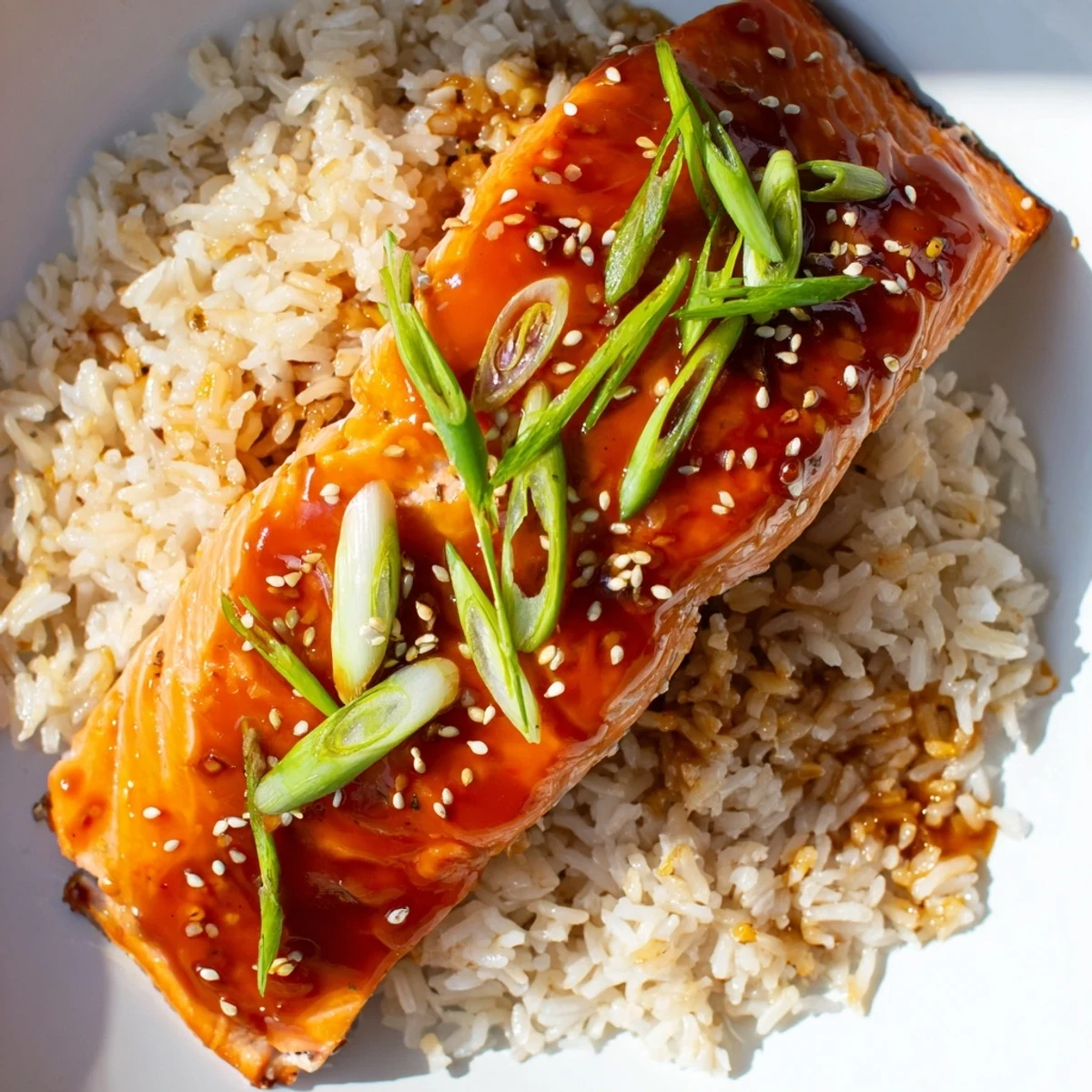 Glistening Sticky Orange Salmon rests atop fluffy rice, ready to be enjoyed as a flavorful main course.