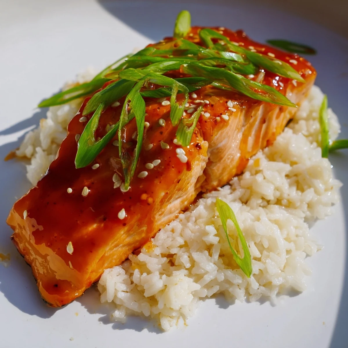 The baked Sticky Orange Salmon, caramelized and tender, is served with a vibrant scallion garnish and rice.