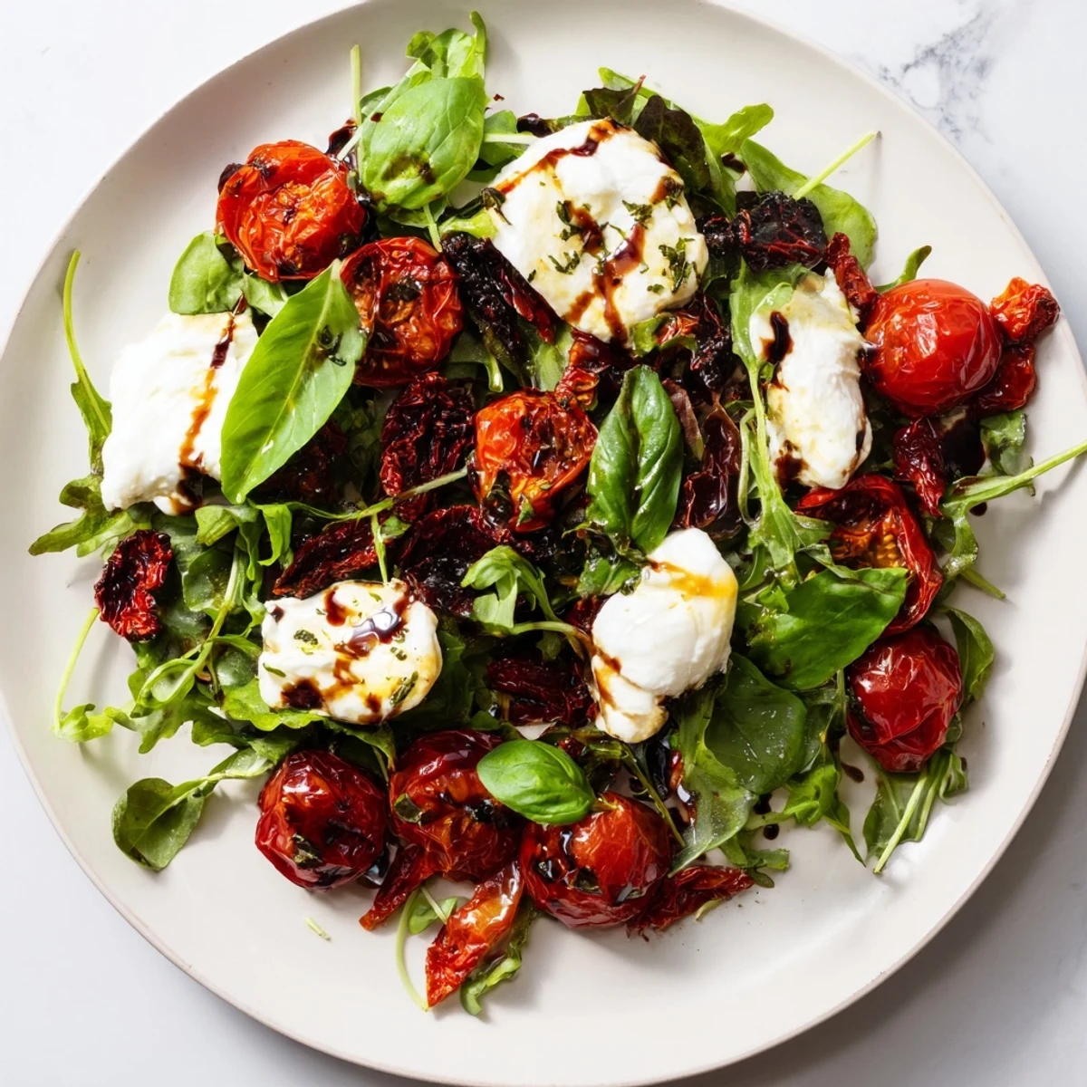 Tomato Flight Salad with vibrant roasted tomatoes, creamy burrata, and fresh basil, ready to enjoy.