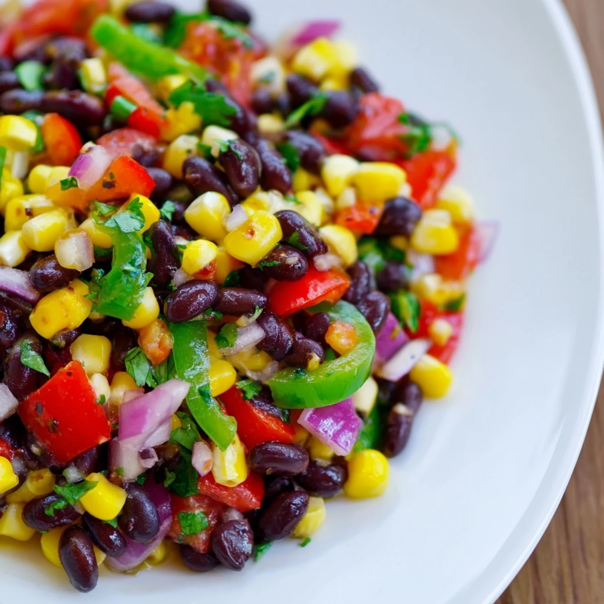 Freshly tossed Cowboy Caviar Salad, showcasing black beans and cilantro, ready to eat alongside chips.