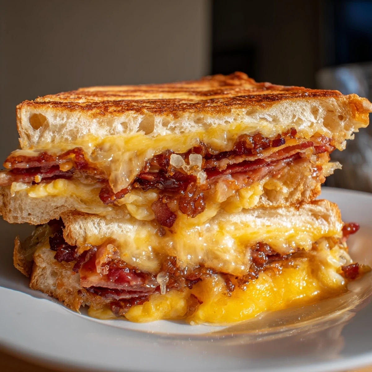 Sharp cheddar and Gruyère overflowing in this savory Bacon Jam Grilled Cheese sandwich.