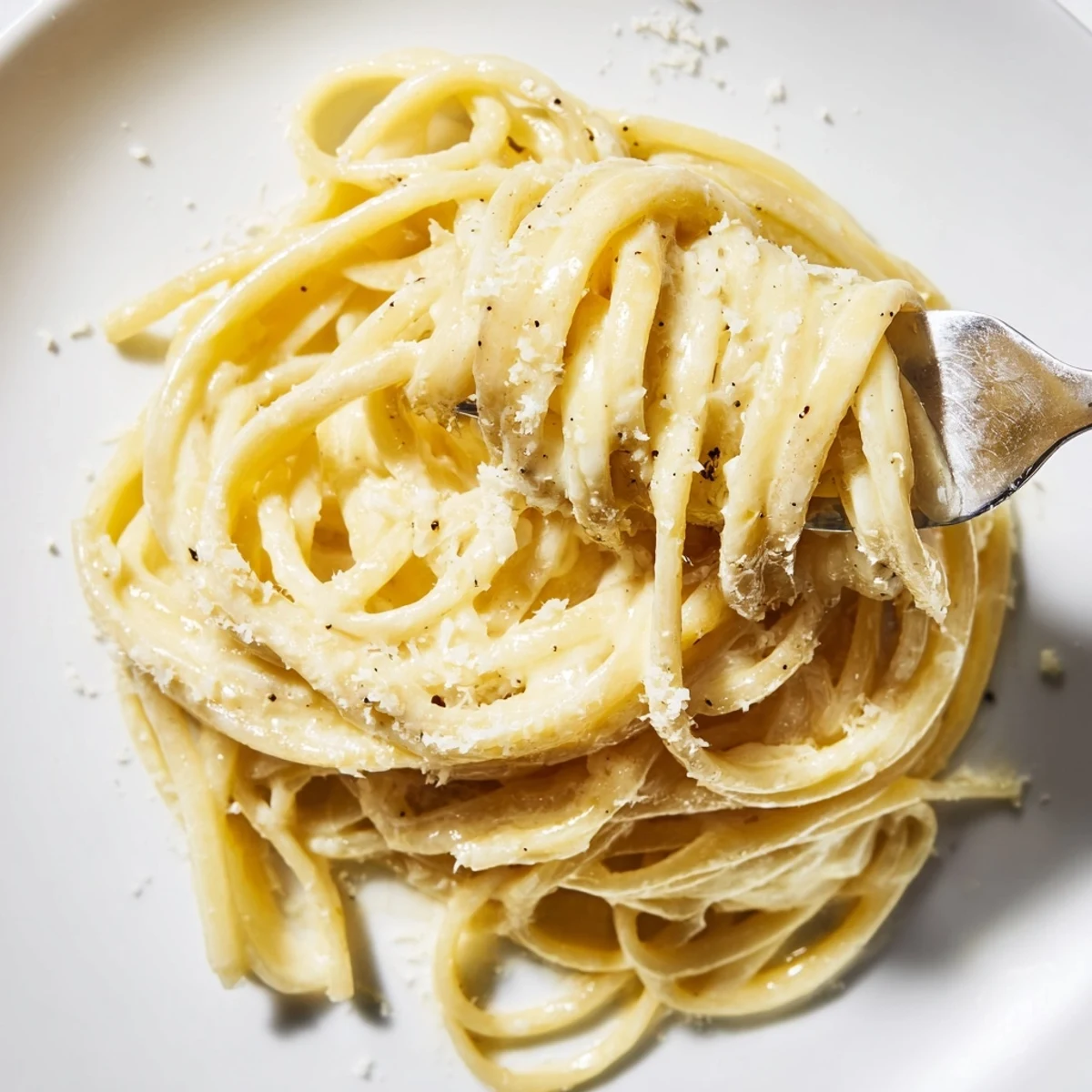 A top-down shot of hot, delicious Lazy Girl Three-Ingredient Pasta, ready to be seasoned and devoured.