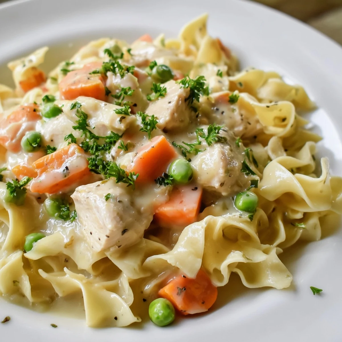 Close-up of creamy chicken and egg noodles, showcasing the rich sauce and tender chicken pieces.