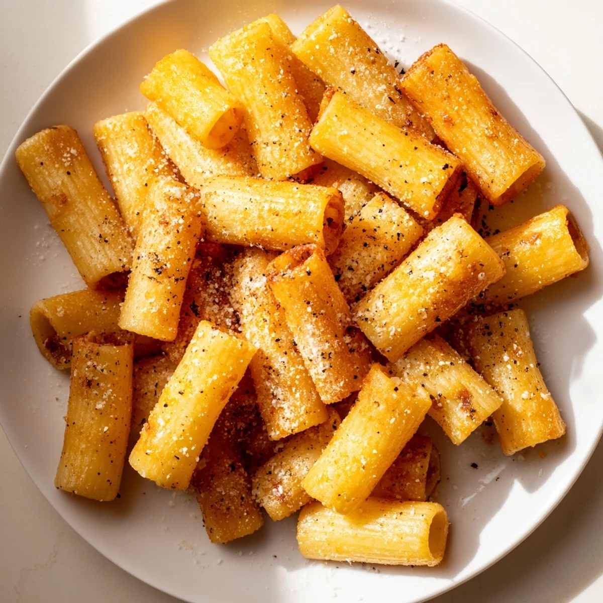 Close-up of golden brown pasta chips, seasoned and perfectly crunchy, ideal as a flavorful snack.