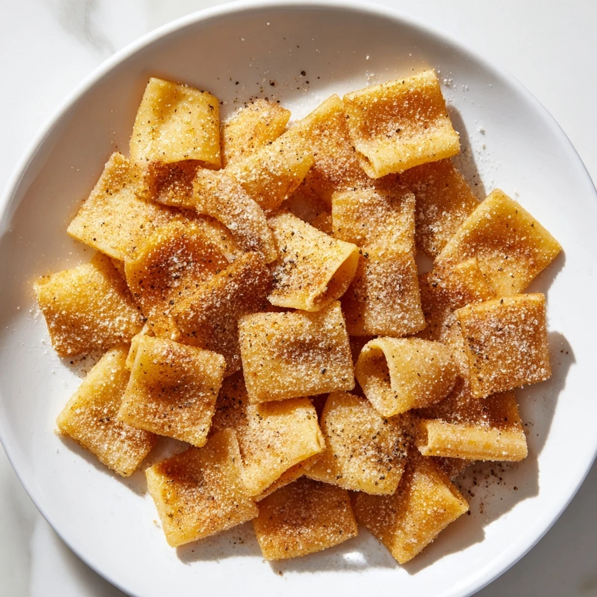 Italian-American pasta chips, beautifully golden and crispy, offering delightful textures and savory flavors.