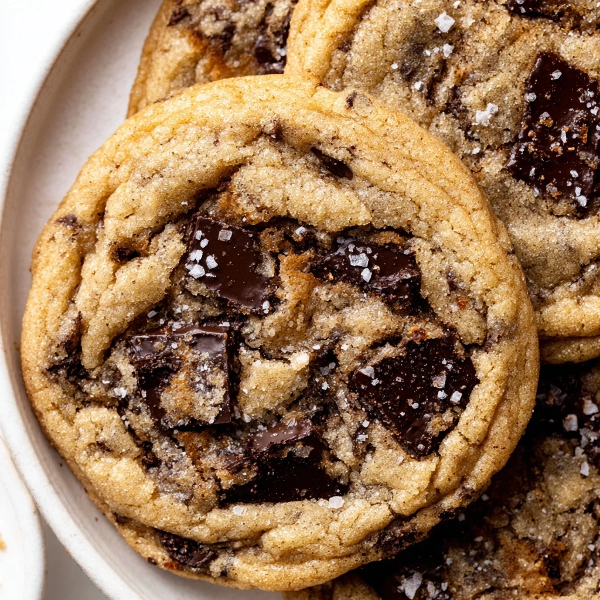Freshly baked Miso Brown Butter Cookies: a close-up shows textures, with gooey chocolate and flake salt.
