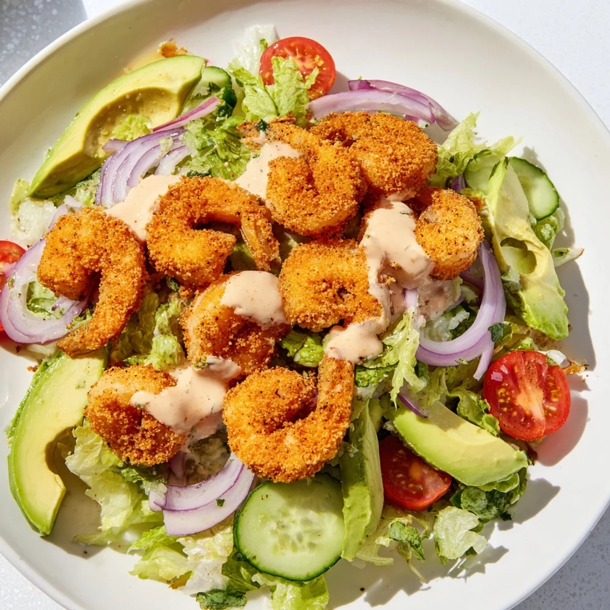 Golden, crispy Spicy Crispy Shrimp Salad pieces atop vibrant salad ingredients, ready to eat.