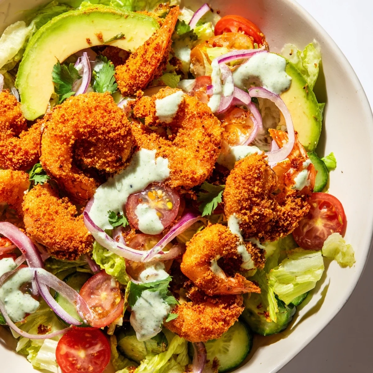 Enjoy a refreshing plate of Spicy Crispy Shrimp Salad featuring perfectly fried shrimp and colorful veggies.