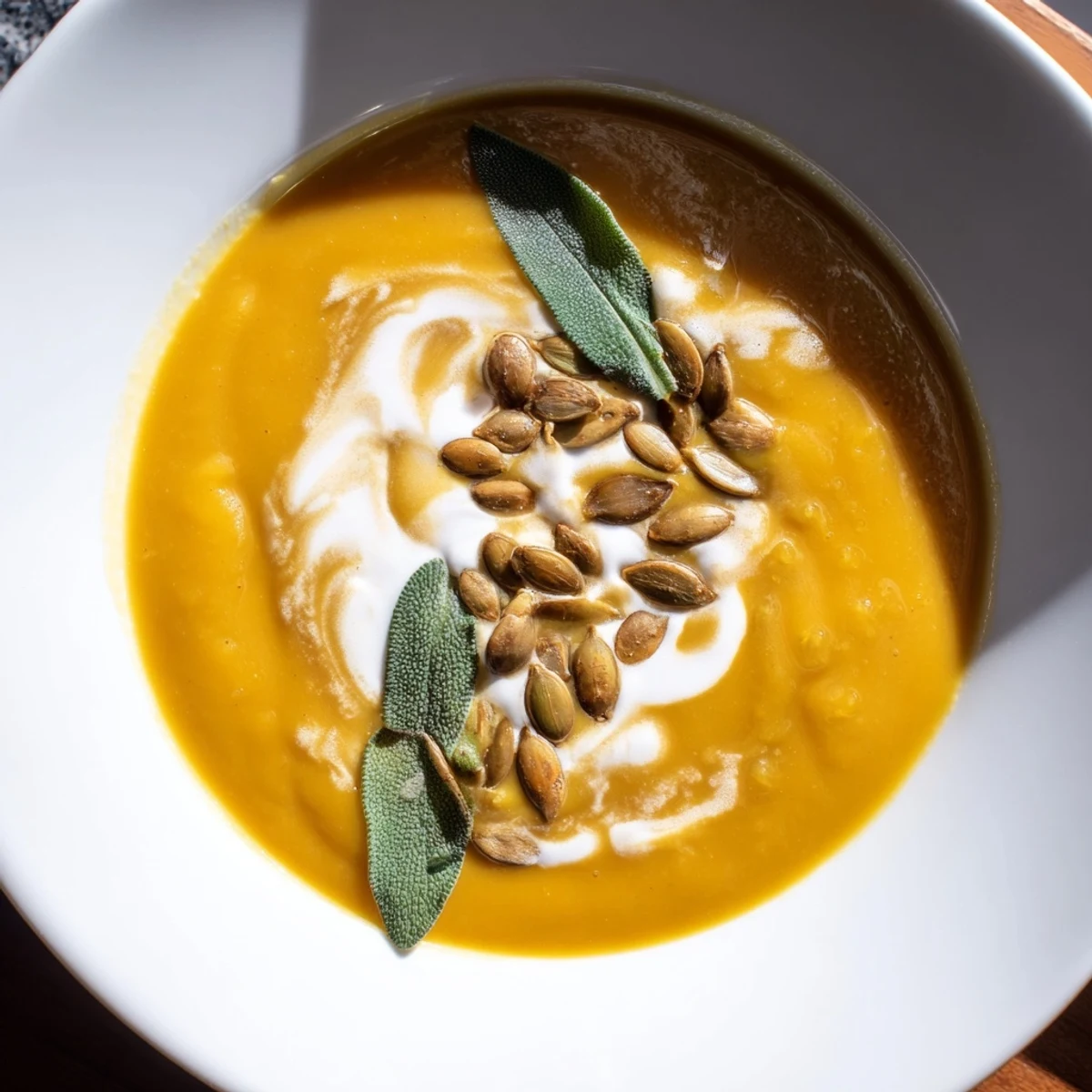 Creamy butternut squash soup in a bowl, garnished with pumpkin seeds and fresh sage.