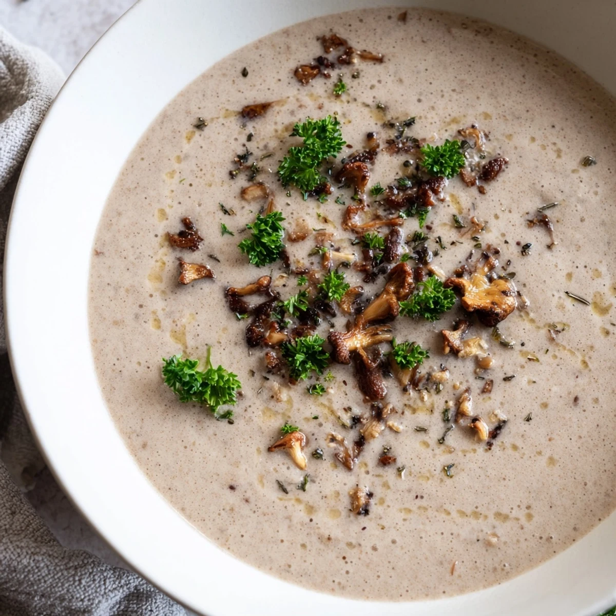 A steaming bowl of creamy mushroom bisque garnished with fresh chives, ready to enjoy.