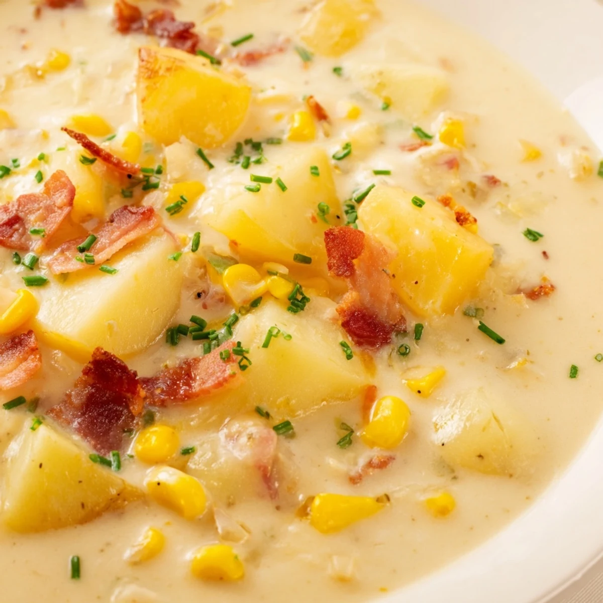 A steaming bowl of corn chowder soup with crispy bacon topping, ready to eat.