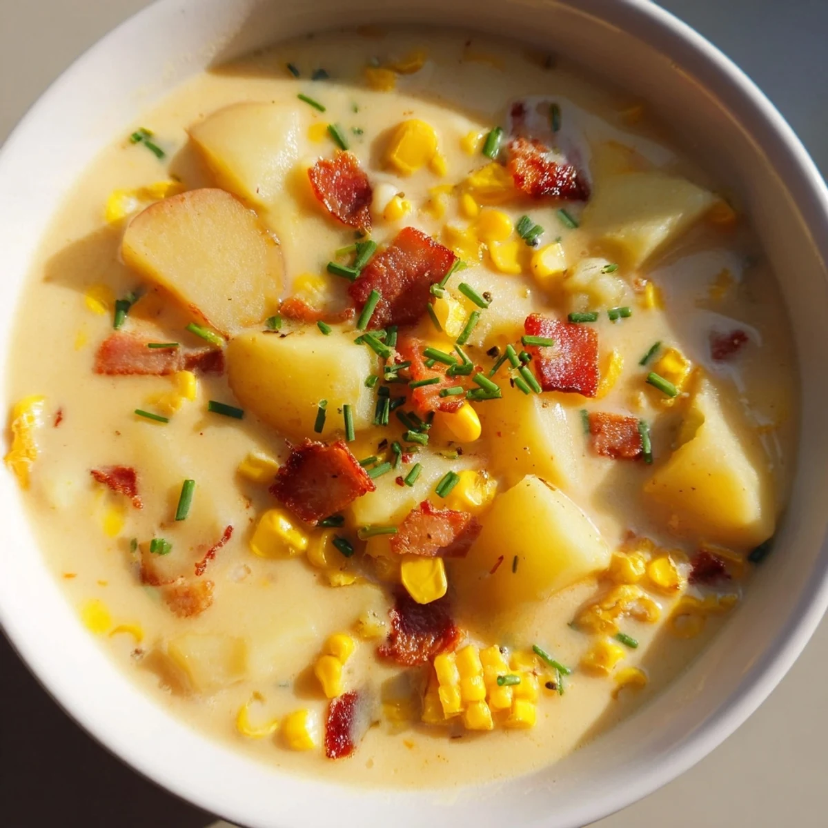 Creamy and golden corn chowder soup featuring sweet corn kernels and tender potatoes.