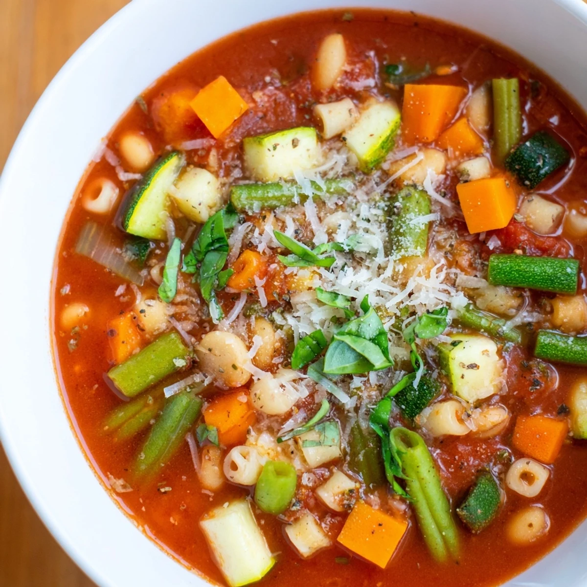 A steaming bowl of vibrant Tomato Basil Minestrone, garnished with fresh basil and Parmesan.