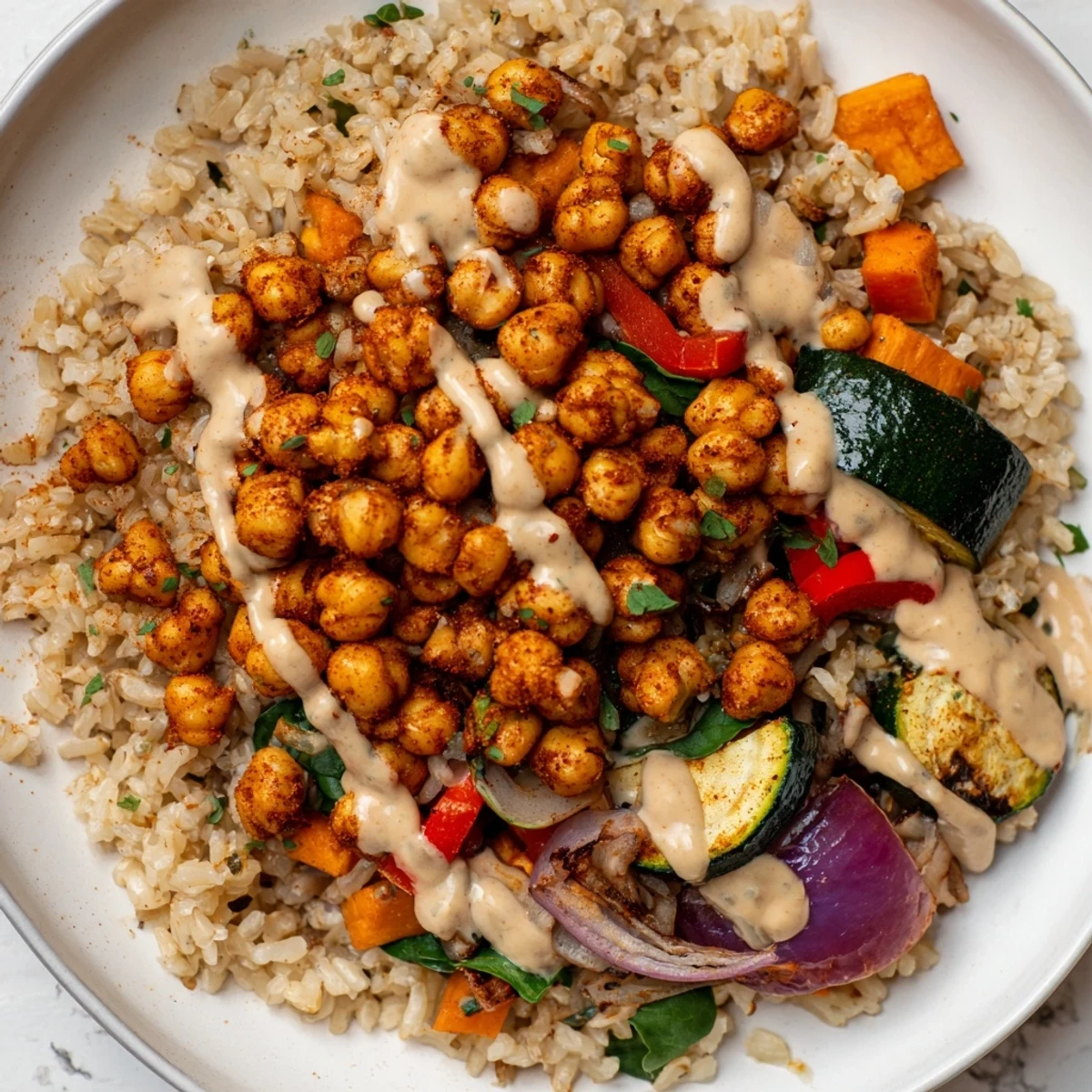 Golden-brown roasted chickpeas nestle inside a vibrant Roasted Chickpea Buddha Bowl, ready to be enjoyed.
