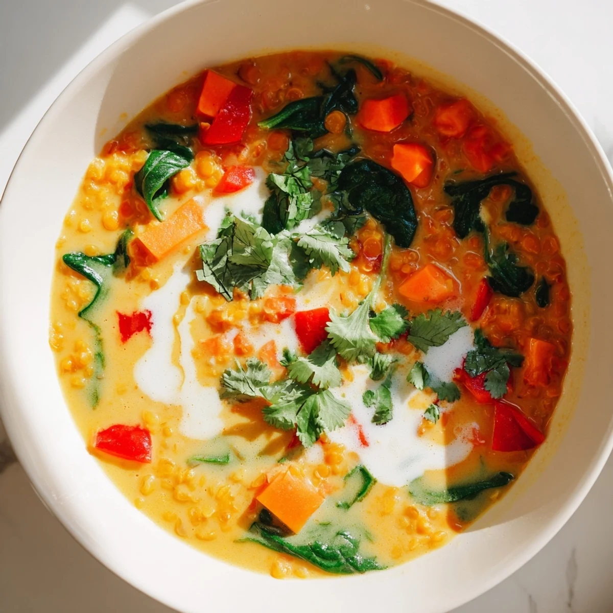 Vibrant red Lentil Curry Soup, a vegan delight, with tender lentils and fresh lime wedges.