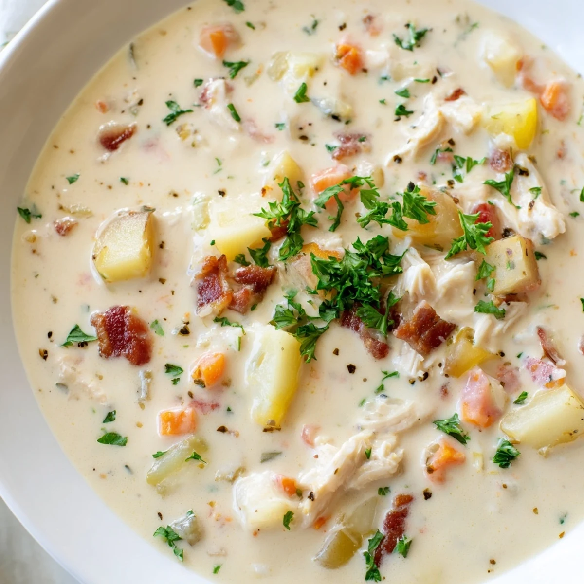 Golden-brown New England Clam Chowder, creamy and thick, garnished with fresh parsley, ready to enjoy.