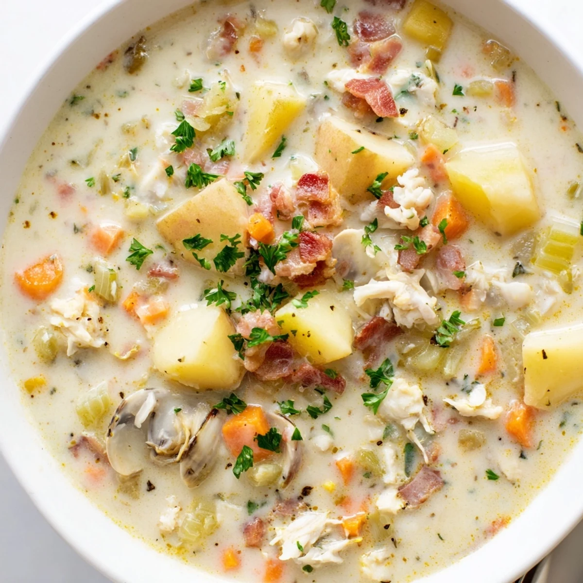 A steaming bowl of comforting New England Clam Chowder, with tender clams and potatoes, perfect for chilly days.