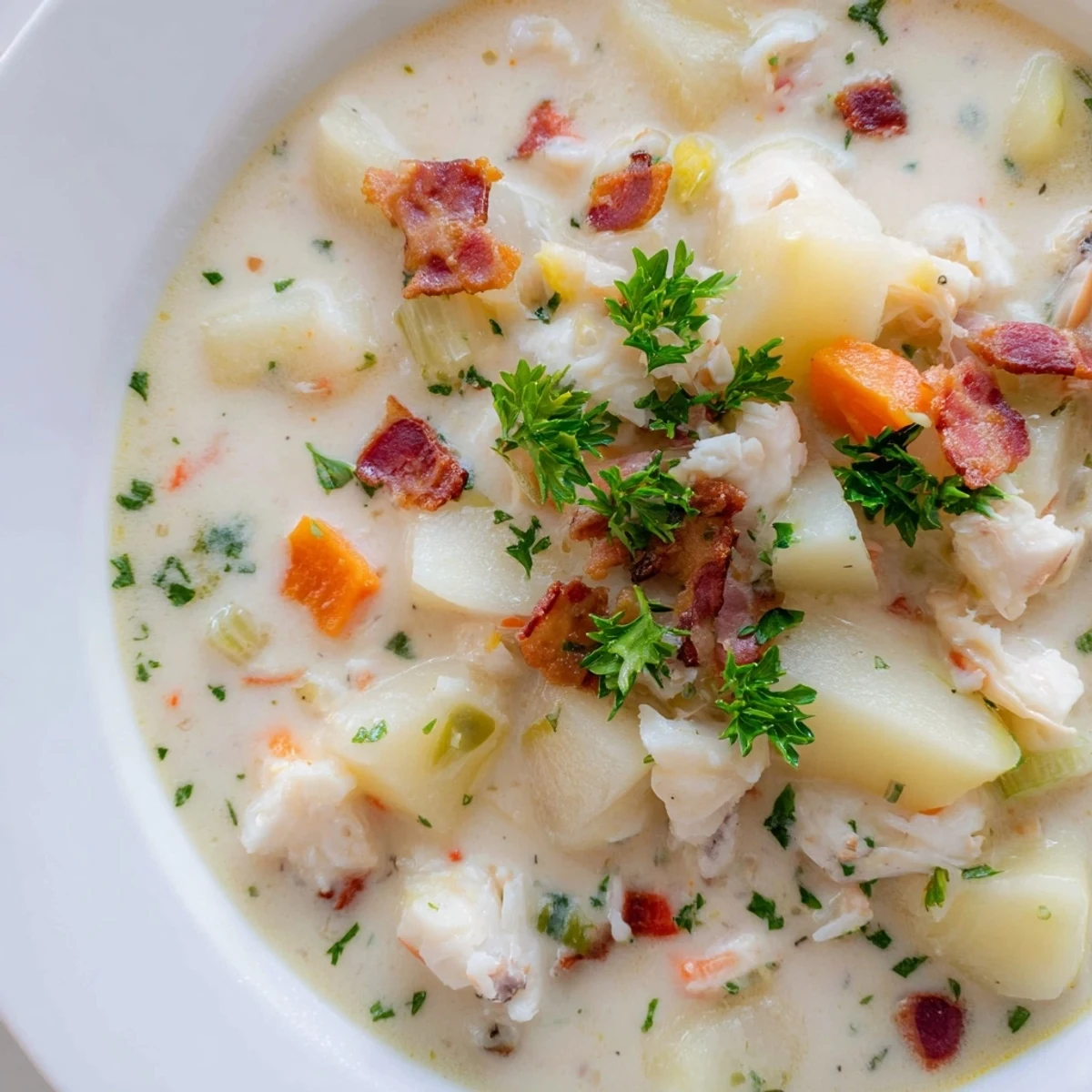 Close-up of a rich, homemade New England Clam Chowder, showcasing the creamy broth and juicy clam pieces.