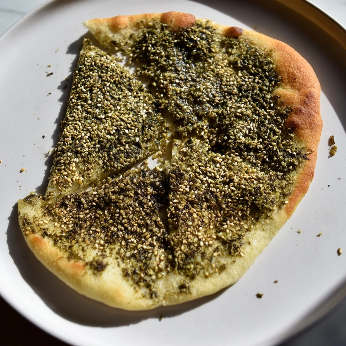 Golden, crispy Levantine zaatar bread, aromatic with zaatar and sesame, perfect for sharing.