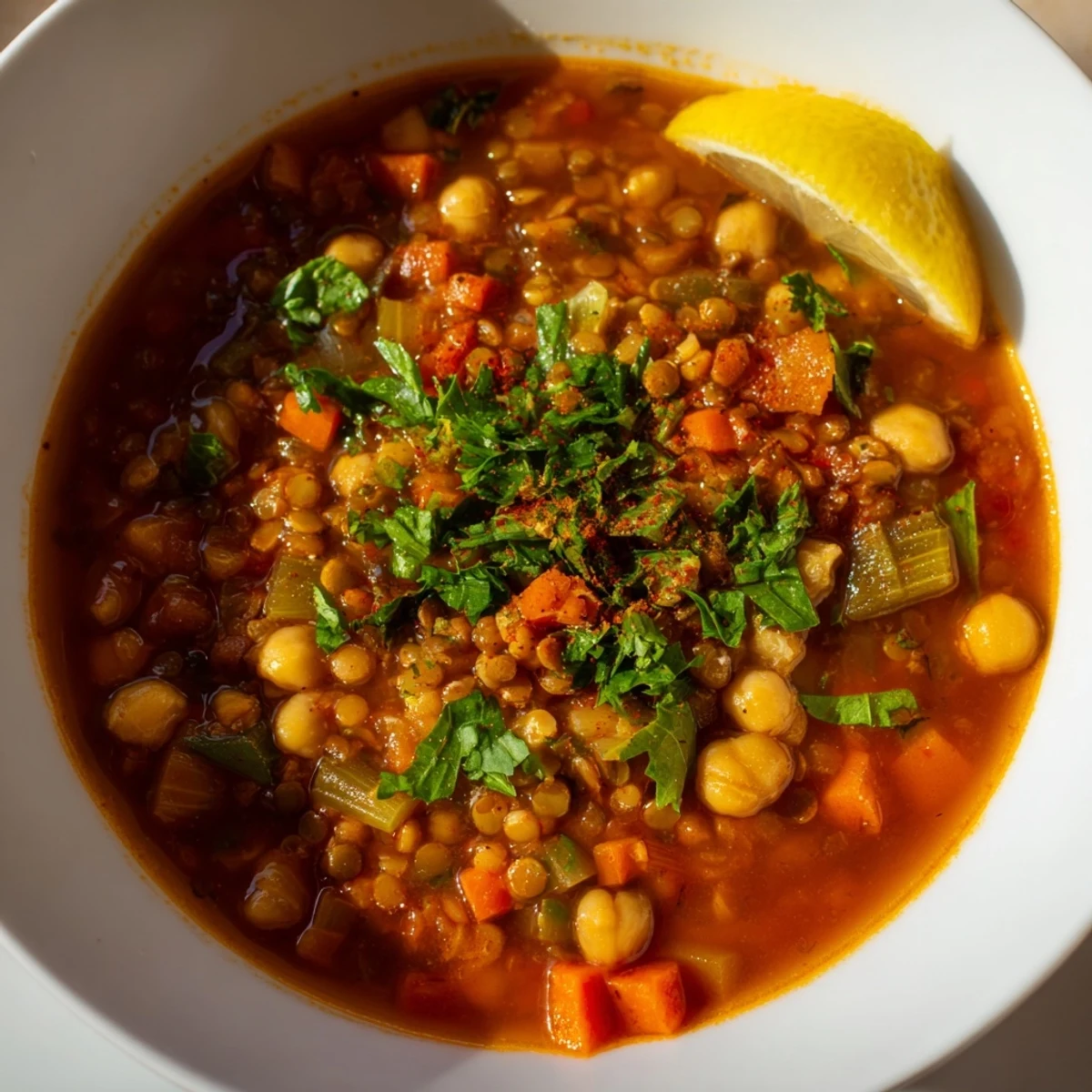 Steaming bowl of North African Harira Soup with vibrant herbs, ready to be enjoyed.