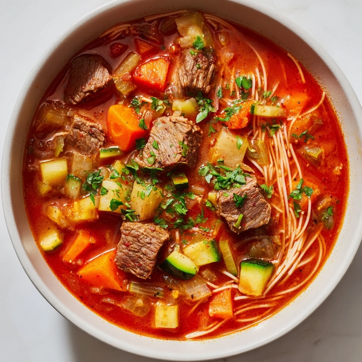 Golden bowl of Algerian Chorba, a comforting soup, garnished with fresh herbs and ready to serve.