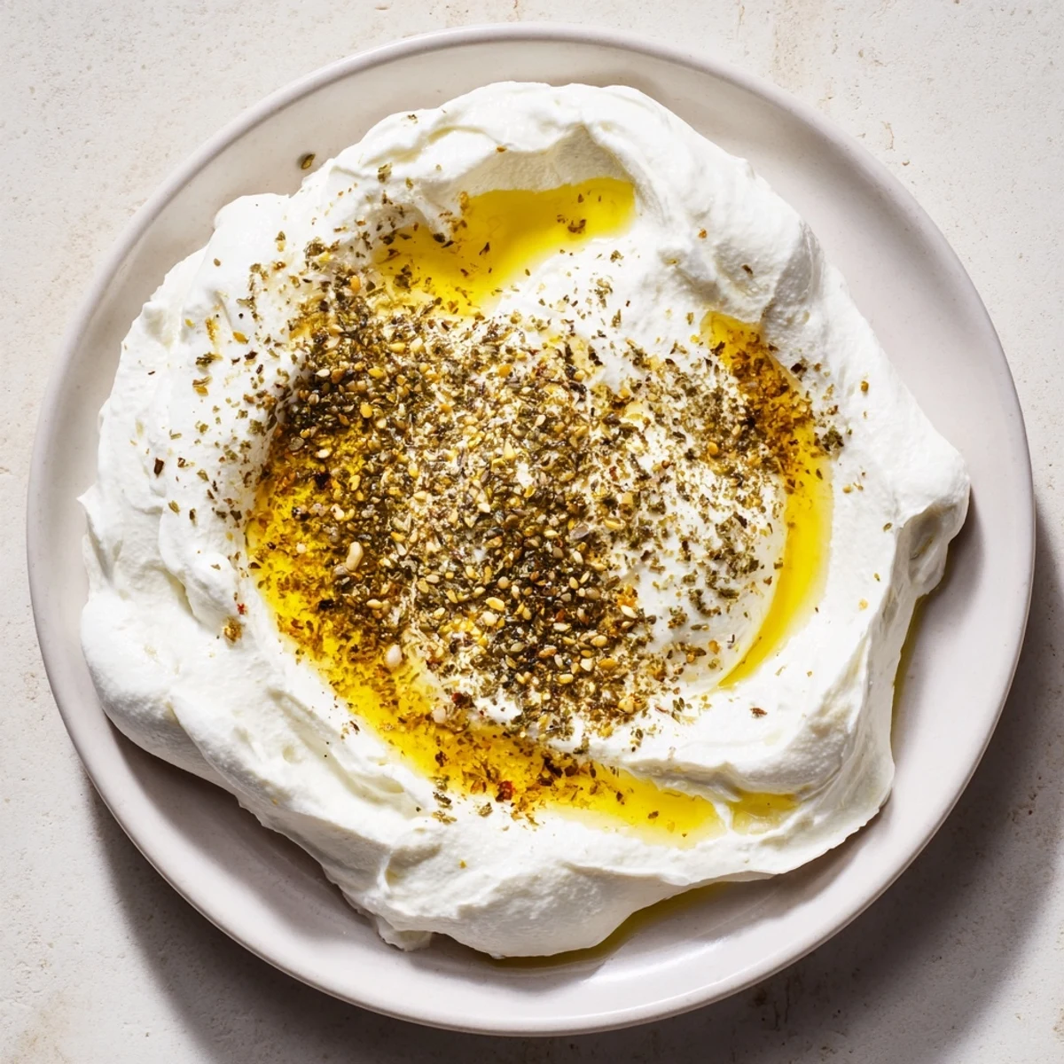 Creamy Levantine labneh cheese, drizzled with olive oil, ready to be scooped with warm pita.