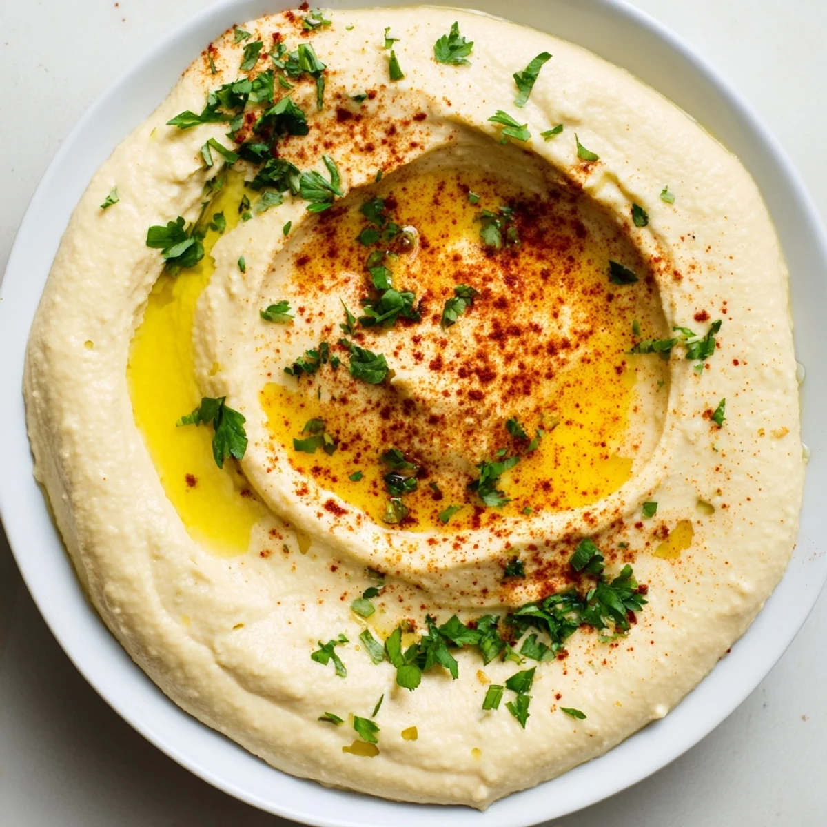 Velvety smooth Levantine hummus, served in a swirl, perfect with fresh vegetables for dipping.