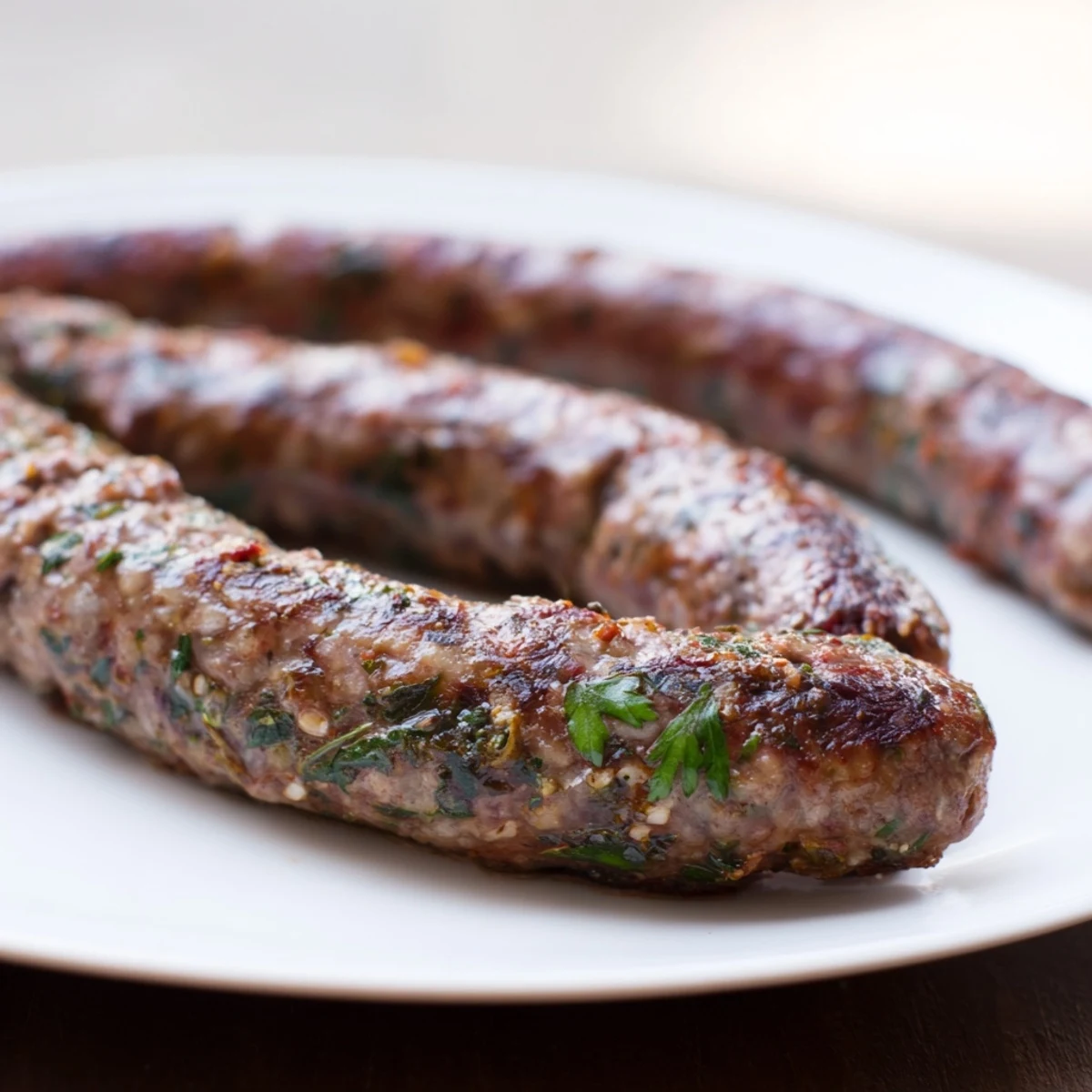 Grilled Tunisian Merguez Sausage links sizzling on a hot grill, ready to be served.
