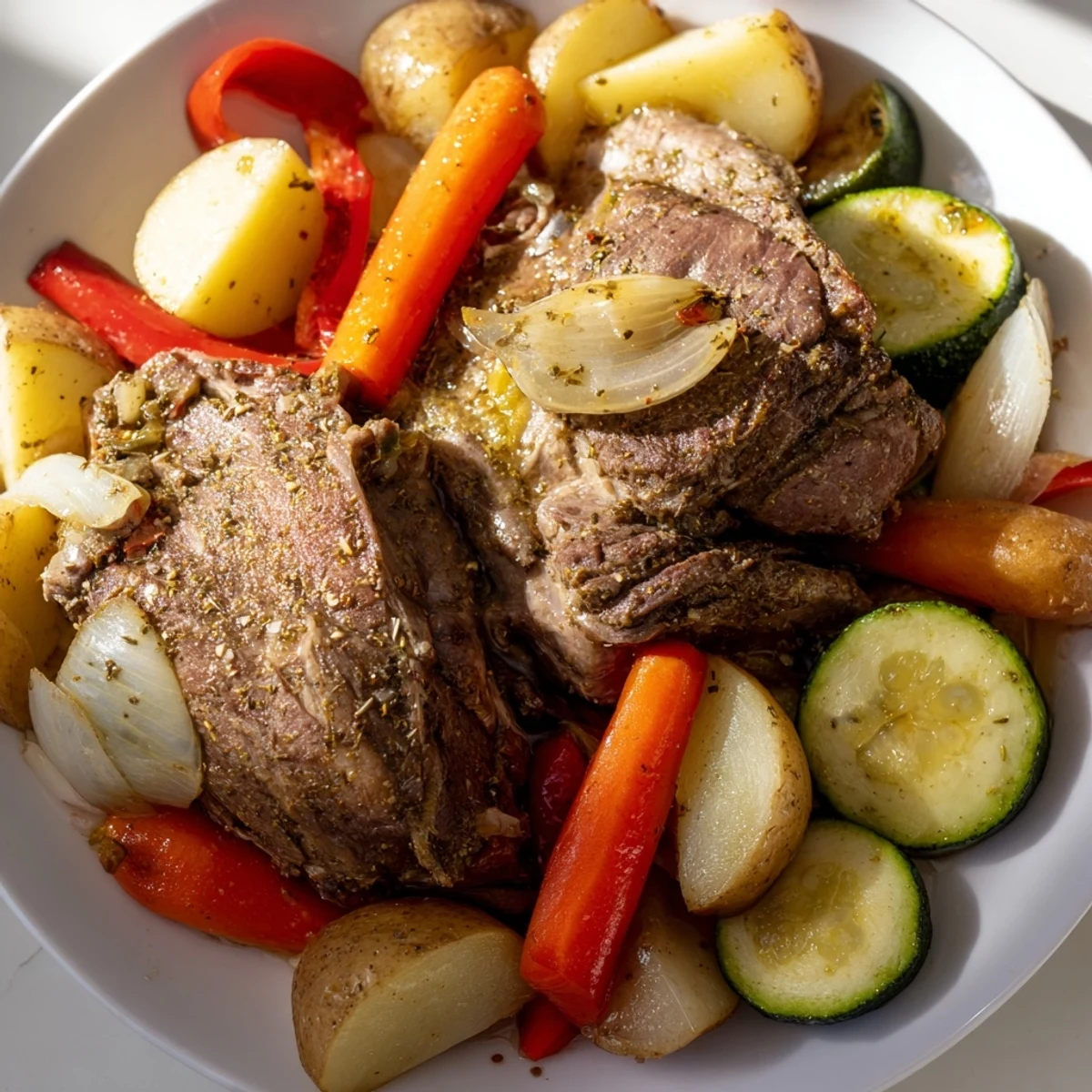 Juicy lamb and vegetables are pictured in the delicious Jordanian Zarb recipe, cooked until falling apart.