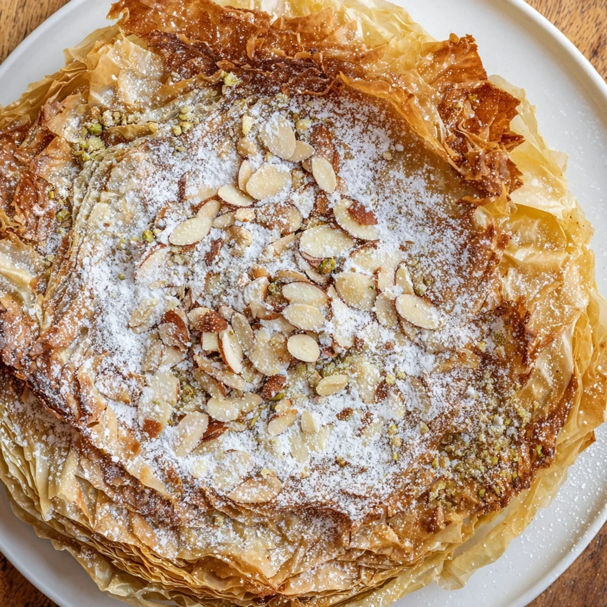 Golden-brown Moroccan Pastilla Pie, filled with savory chicken and spices, finished with a dusting of sweet cinnamon.