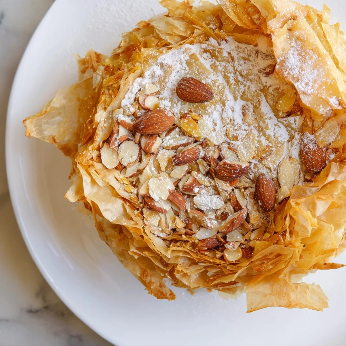 This flaky Moroccan Pastilla Pie showcases layers of phyllo pastry encasing a flavorful meat filling, ready to serve.