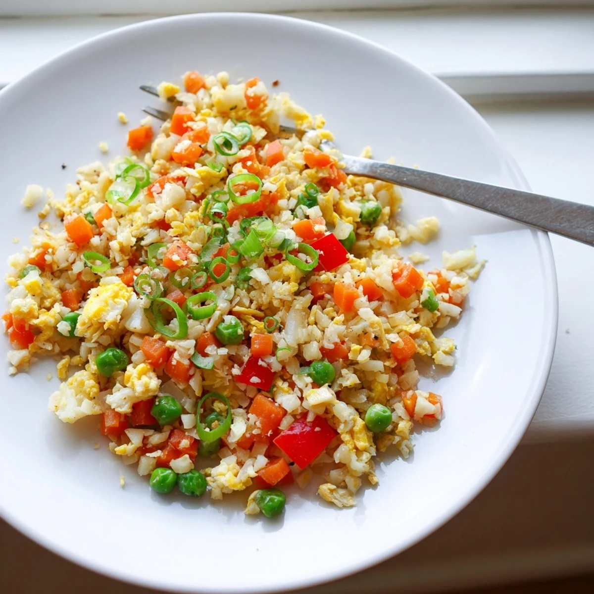 A steaming wok of cauliflower fried rice tossed with peas, carrots, ginger, and savory soy sauce.