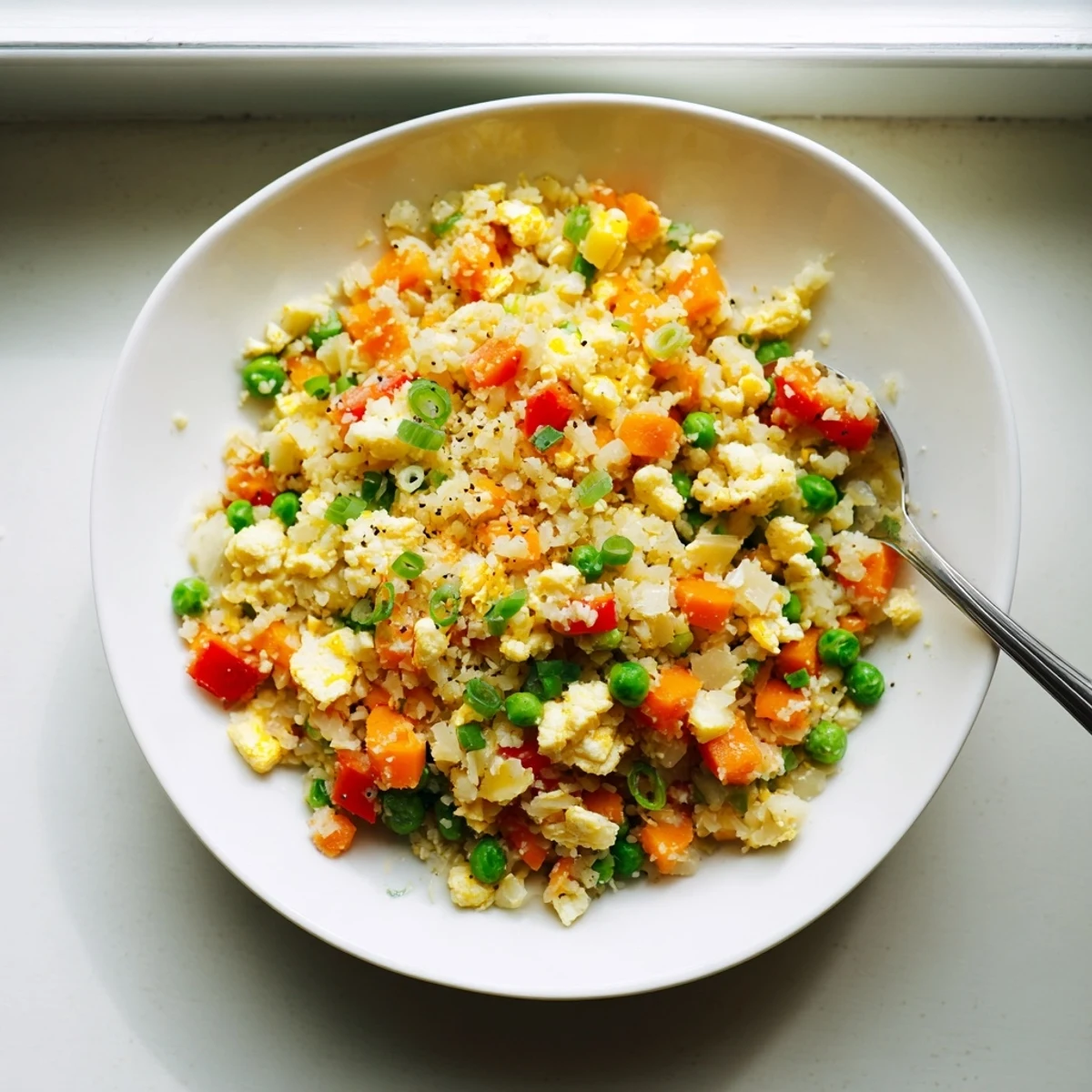 Served Cauliflower Fried Rice in a bowl, garnished with sesame seeds and lime wedges for brightness.